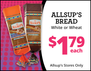 Two loaves of Allsups bread, one white and one wheat, are shown next to text advertising the price of $1.79 each at Allsups stores only. The background is pink with polka dots.