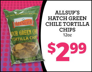 A bag of Allsups Hatch Green Chile Tortilla Chips is shown next to text displaying the price $2.99 for a 12oz bag on a pink polka dot background.