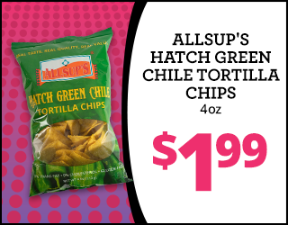 A bag of Allsups Hatch Green Chile Tortilla Chips, 4 oz, is shown next to a price of $1.99 on a pink and white background.