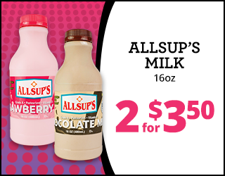 Two bottles of Allsups milk, one strawberry and one chocolate flavor, with text: Allsups Milk 16oz, 2 for $3.50, on a pink and white background.