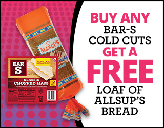 Ad for Bar-S cold cuts: Buy any Bar-S cold cuts, get a free loaf of Allsups bread. Image shows Bar-S ham and Allsups bread on a pink dotted background.
