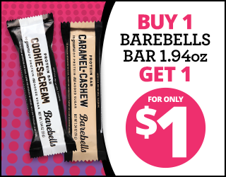 Two Barebells protein bars, Cookies & Cream and Caramel Cashew flavors, are shown with text: Buy 1 Barebells Bar 1.94oz, Get 1 for only $1 on a pink and white background.