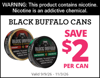 Two Black Buffalo tobacco alternative cans with a $2 off discount. Warning label states the product contains nicotine. Offer valid 9/9/26 to 11/3/26.
