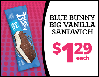 Blue Bunny Big Vanilla Sandwich ice cream bar in blue wrapper, with text: Blue Bunny Big Vanilla Sandwich $1.29 each on a pink polka dot background.