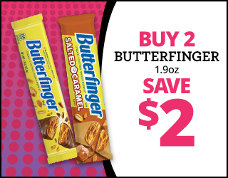 Two Butterfinger bars, one original and one salted caramel, next to text: Buy 2 Butterfinger 1.9oz, Save $2 in bold pink and black on a white and pink polka dot background.