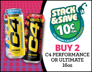 Two cans of C4 energy drink with Buy 2 C4 Performance or Ultimate 16oz and Stack & Save 10¢/gal with Yesway & Allsups Rewards on a colorful promo background.