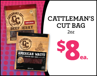 Two Cattlemans Cut beef jerky bags—Original and American Wagyu—are shown. Text reads: Cattlemans Cut Bag 2oz, $8 ea. Background is pink with dots and a white section for text.
