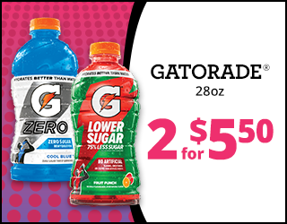 Two Gatorade bottles, one blue Zero Sugar and one red Lower Sugar, with text: Gatorade 28oz, 2 for $5.50 on a pink and white background.