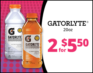 Two bottles of Gatorlyte, one clear and one orange, next to text reading Gatorlyte 20oz, 2 for $5.50 on a pink and white background.