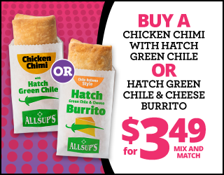 Two wrapped burritos labeled Chicken Chimi with Hatch Green Chile and Hatch Green Chile & Cheese Burrito on a pink and white background. Text reads: $3.49 for mix and match..