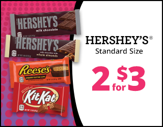 Hersheys chocolate bars, Reeses, and Kit Kat displayed with text: HERSHEYS Standard Size 2 for $3 on a pink and white background.