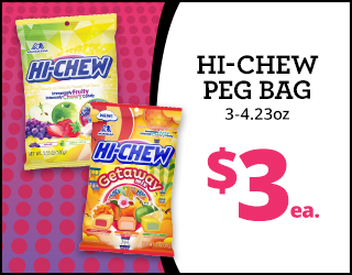 Two Hi-Chew candy peg bags are shown with a price of $3 each. The bags feature assorted fruity flavors and colorful packaging against a pink and white background with polka dots.