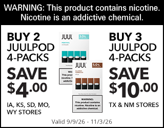 Ad for JUULPOD 4-packs: Buy 2, save $4 in IA, KS, SD, MO, WY; Buy 3, save $10 in TX, NM. Warning: Contains nicotine. Offer valid 9/9/26–11/3/26.