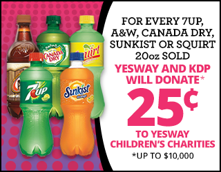 Assorted soda bottles with a promo: Yesway and KDP donate 25 cents to Yesway Childrens Charities for each 20oz 7UP, A&W, Canada Dry, Sunkist, or Squirt sold, up to $10,000.
