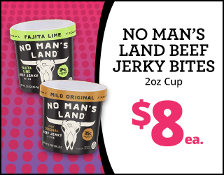 Two No Mans Land Beef Jerky Bites 2oz cups, flavors Fajita Lime and Mild Original. Price: $8 each. White and pink background with bold black text and image of the product cups.