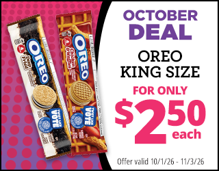 October deal promo with two king size Oreo packs pictured. Text: OREO KING SIZE FOR ONLY $2.50 each. Offer valid 10/1/26 - 11/3/26..