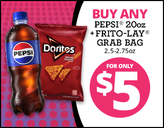 A 20oz Pepsi bottle and a bag of Doritos Nacho Cheese next to a sign reading Buy any Pepsi 20oz + Frito-Lay grab bag 2.5-2.75oz for only $5..