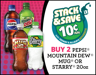 Five 20oz bottles of Pepsi, Mountain Dew, Mug root beer, and Starry. Promo text: Stack & Save 10¢/gal with Yesway & Allsups Rewards. Buy 2 Pepsi, Mountain Dew, Mug, or Starry 20oz..
