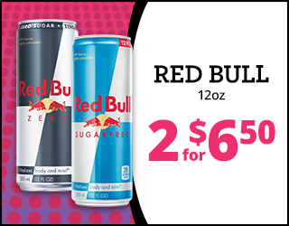 Two 12oz cans of Red Bull—one Zero, one Sugarfree—are shown next to text advertising RED BULL 12oz 2 for $6.50 on a pink and white background.