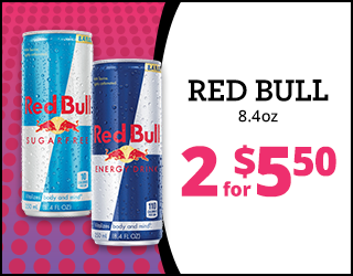Two 8.4oz cans of Red Bull, one Sugarfree and one Energy Drink, next to text: RED BULL 8.4oz, 2 for $5.50 on a dotted pink background.