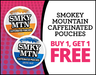 Two Smokey Mountain caffeinated pouch tins (Peach and Arctic Mint) are shown. Text reads Smokey Mountain Caffeinated Pouches. Buy 1, Get 1 Free on a pink and white background.