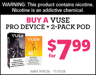 Advertisement for a Vuse Pro device and 2-pack pod bundle for $7.99. Includes a nicotine warning at the top and shows images of the Vuse Pro box and pod pack. Offer valid 9/9/26 to 11/3/26.
