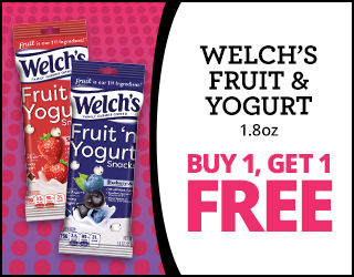 Two Welchs Fruit & Yogurt Snacks packs, strawberry and blueberry flavors, with text: WELCHS FRUIT & YOGURT 1.8oz BUY 1, GET 1 FREE on a pink and white background.