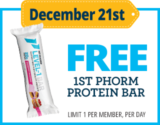 December 21st offering a free 1st Phorm protein bar, limited to one per member per day.