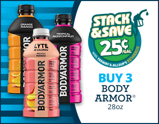 Stack & Save for a 25 cents per gallon discount when buying three 28oz bottles at Yesway and Allsups stores.