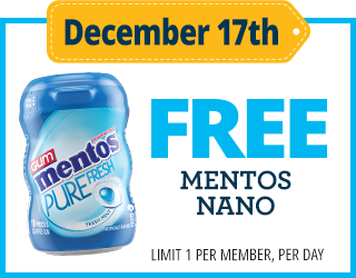 December 17th offering one free Mentos Pure Fresh Nano gum per member, per day.