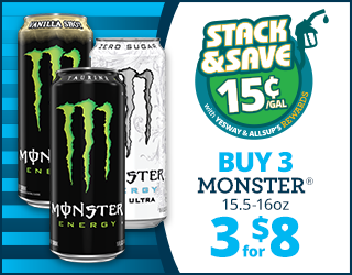 Stack & Save with a promotion for three Monster energy drinks for eight dollars, including a reward of fifteen cents off per gallon of gas at Yesway and Allsups.