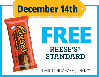 December 14th offering a free Reese's standard size peanut butter cup, with a limit of one per member per day.