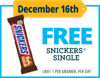 December 16th offering a free single Snickers bar, with a limit of one per member per day.