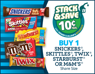 Stack & Save with 10 cents off per gallon of gas when you purchase a share-size Snickers, Skittles, Twix, Starburst, or M&Ms.
